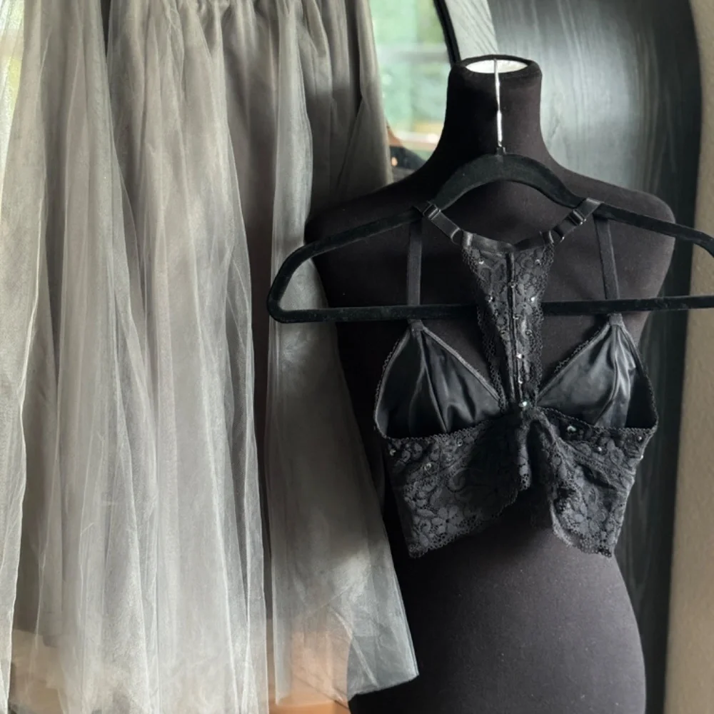 Black dance costume top bralette black lace racer back adjustable strap XS